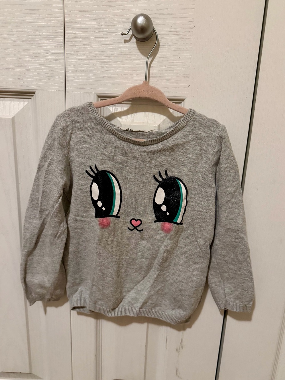 H&M Girls' Light Gray Sweater Top with Big Kawaii Face and Mint Accents